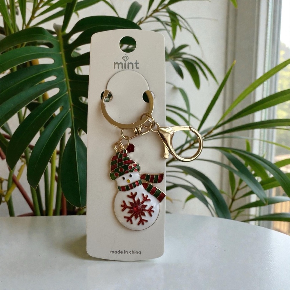 Mint Festive Snowman Keychain/Bag Charm with Gold and Red Accents